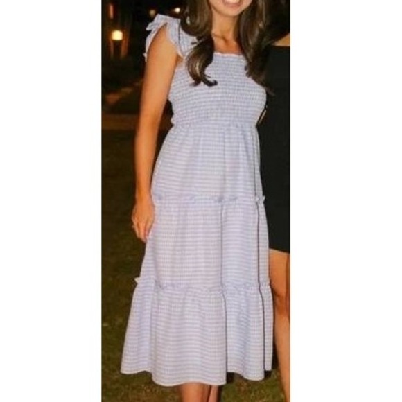 Sugar Lips Gingham Dress Smocked Tiered Ruffle Sleeves Midi Cottagecore Preppy S - Picture 1 of 5